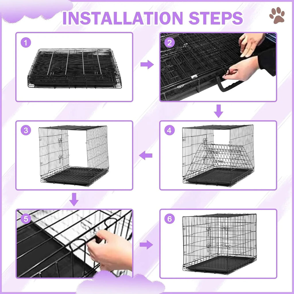 42 Inch Dog Crate, Double Door Folding Metal Wire Dog Cage with Divider and Tray