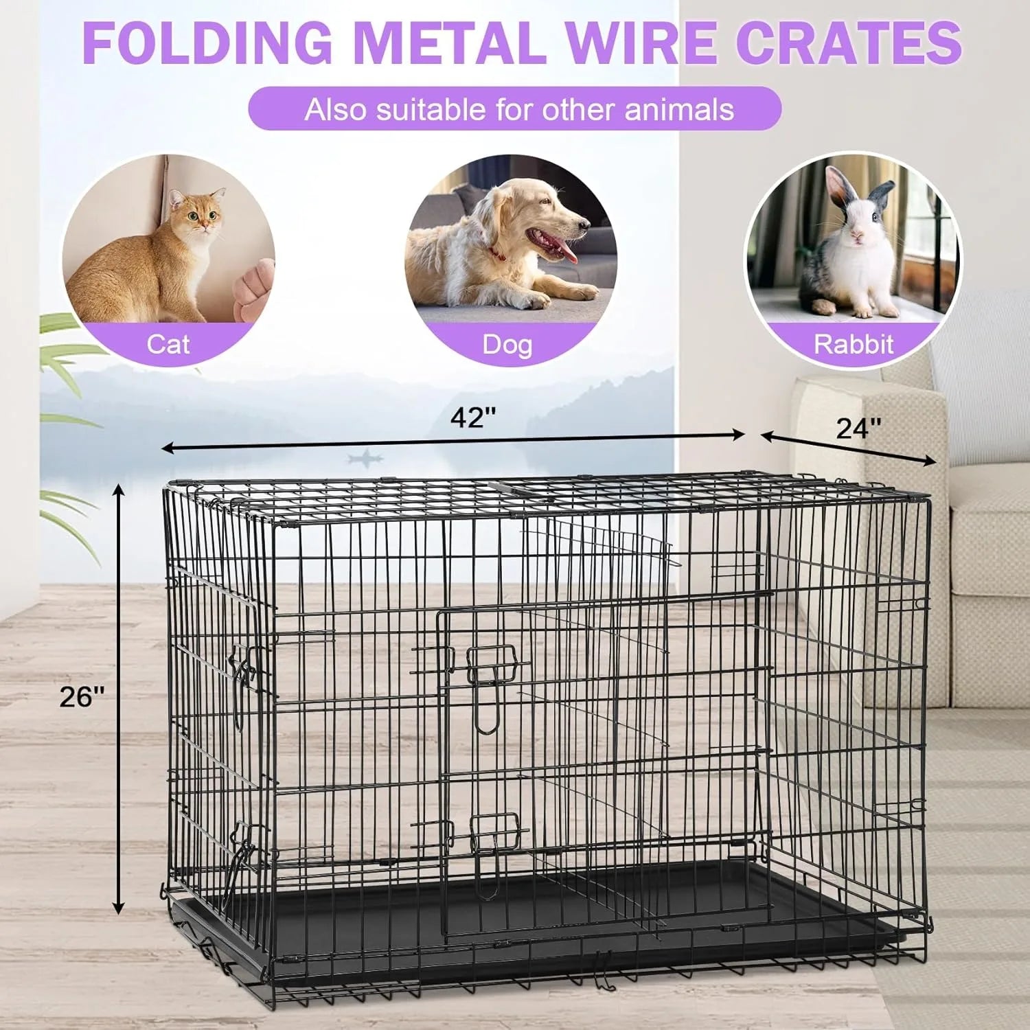 42 Inch Dog Crate, Double Door Folding Metal Wire Dog Cage with Divider and Tray