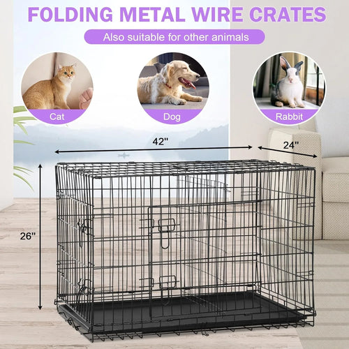 42 Inch Dog Crate, Double Door Folding Metal Wire Dog Cage with Divider and Tray