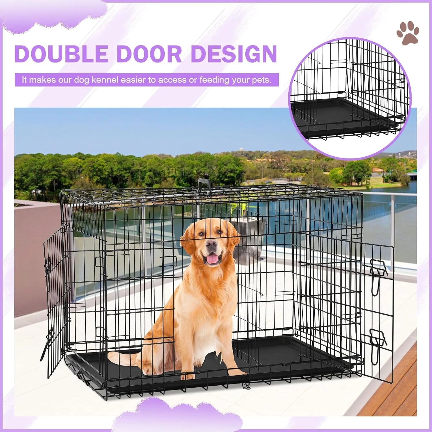 42 Inch Dog Crate, Double Door Folding Metal Wire Dog Cage with Divider and Tray