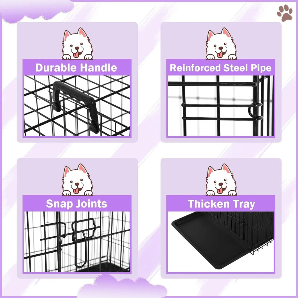 42 Inch Dog Crate, Double Door Folding Metal Wire Dog Cage with Divider and Tray
