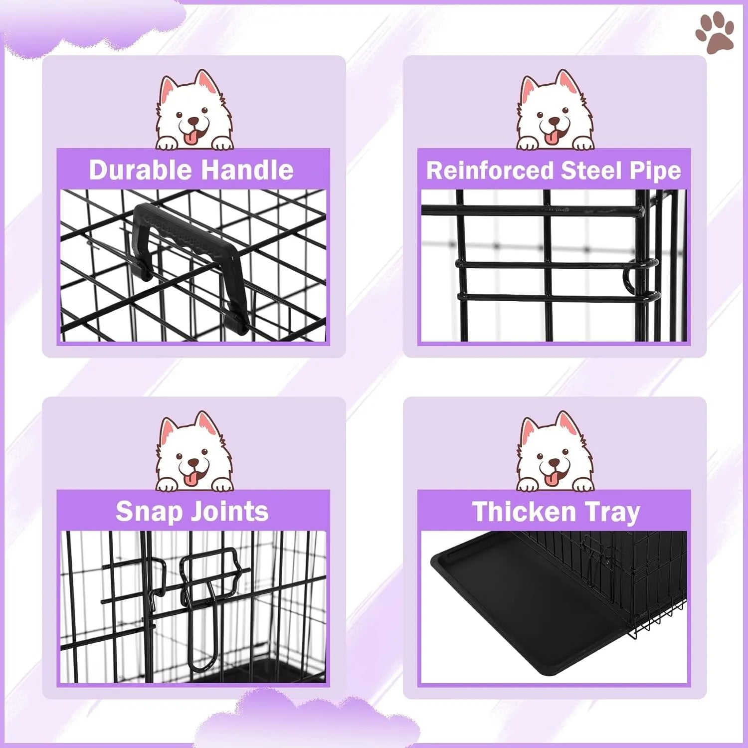 42 Inch Dog Crate, Double Door Folding Metal Wire Dog Cage with Divider and Tray