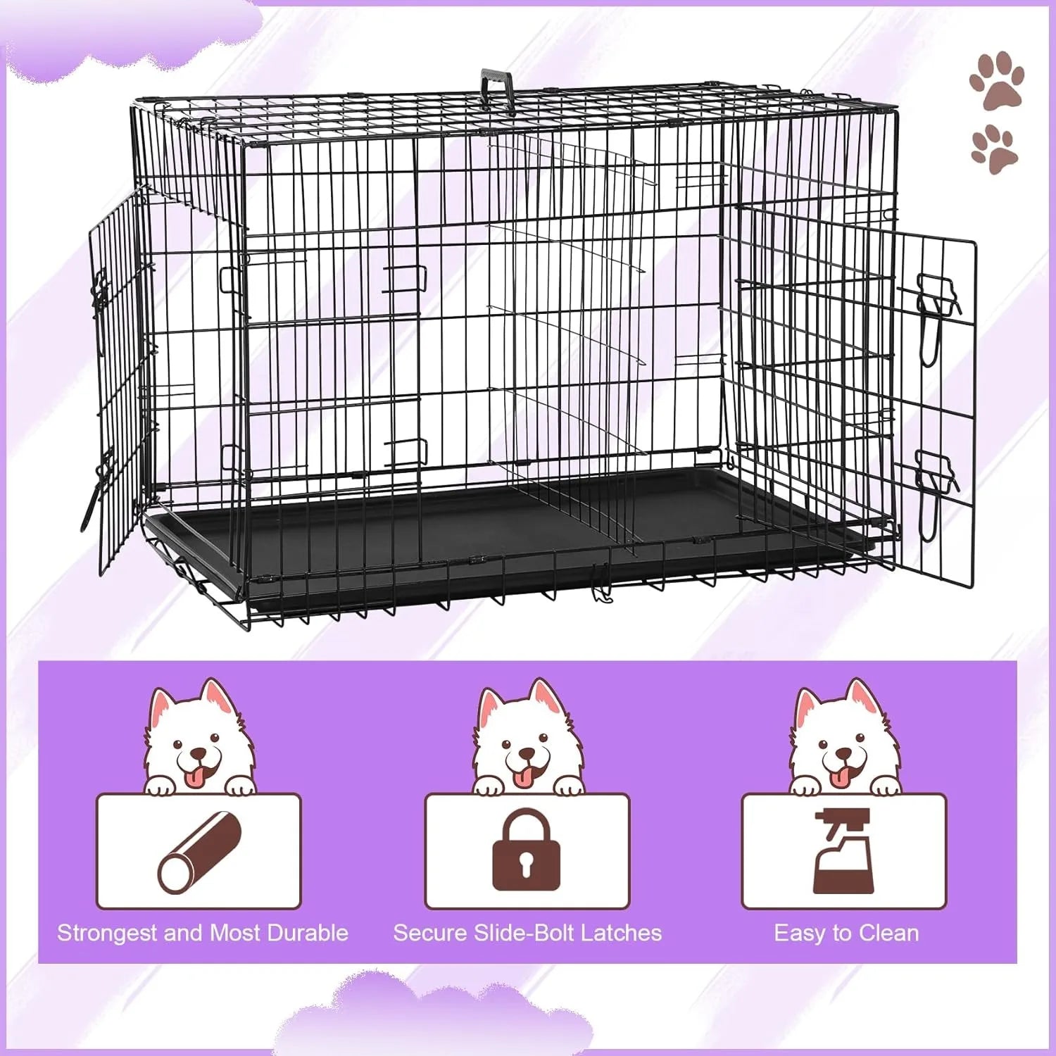 42 Inch Dog Crate, Double Door Folding Metal Wire Dog Cage with Divider and Tray