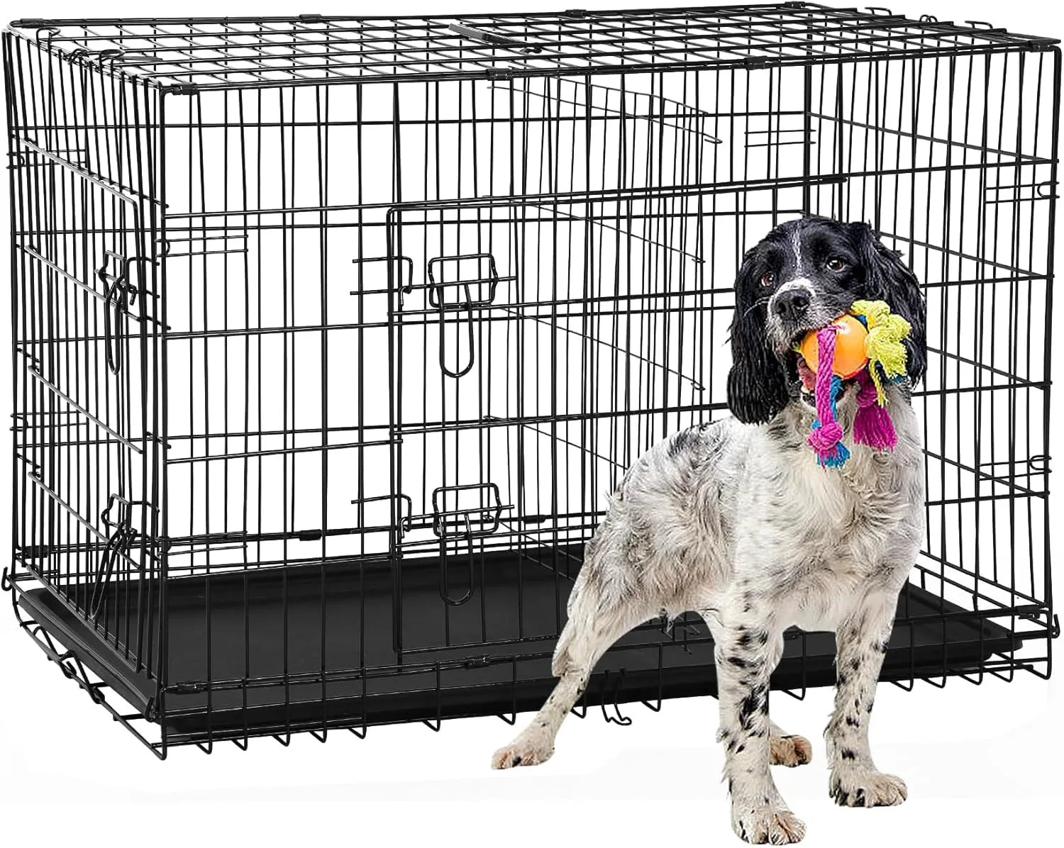 42 Inch Dog Crate, Double Door Folding Metal Wire Dog Cage with Divider and Tray