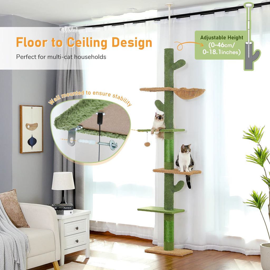 Cat Tree 5-Tier Floor to Ceiling Cat Tower with Scratching Post, Hammock, Dangling Ball for Indoor Cats