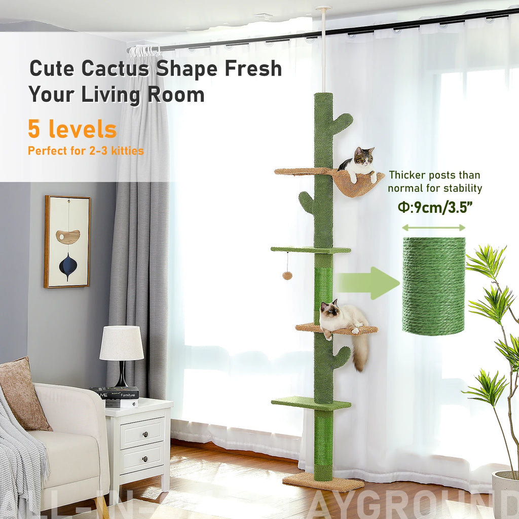 Cat Tree 5-Tier Floor to Ceiling Cat Tower with Scratching Post, Hammock, Dangling Ball for Indoor Cats