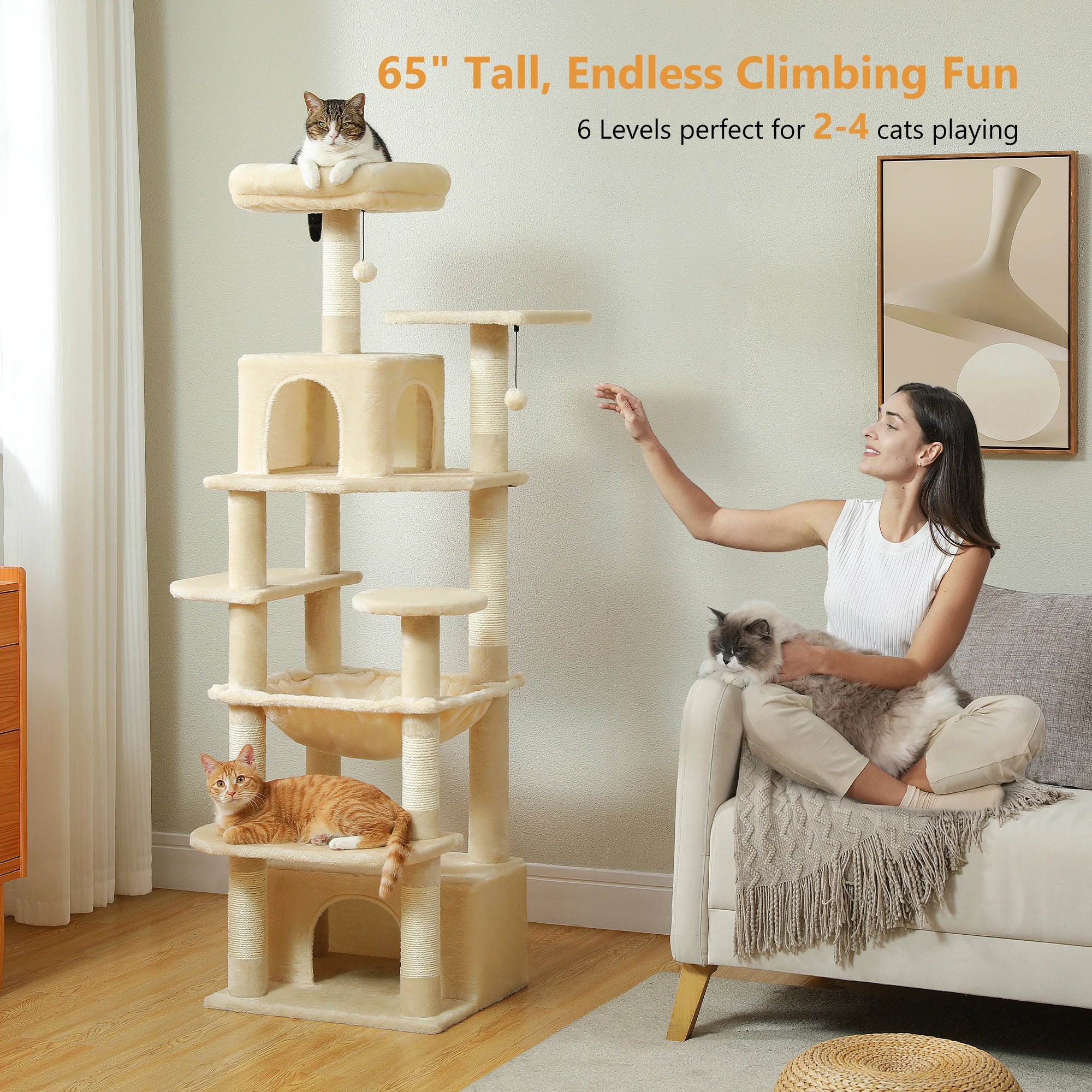 Tall Cat Tree with Scratching Posts, Spacious Hammocks