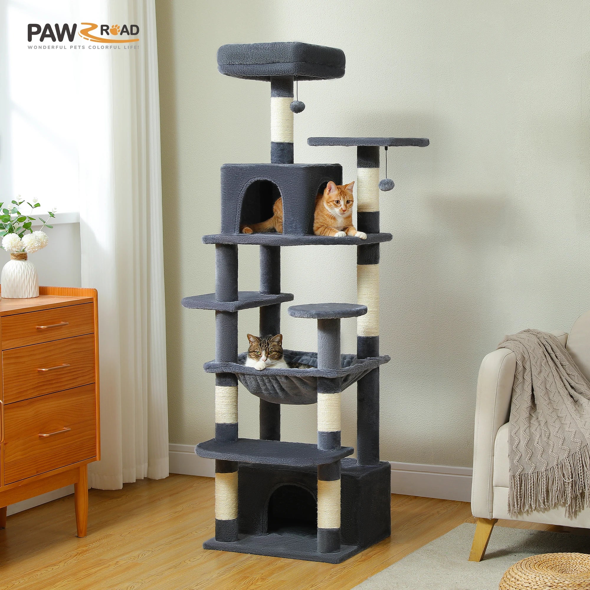 Tall Cat Tree with Scratching Posts, Spacious Hammocks