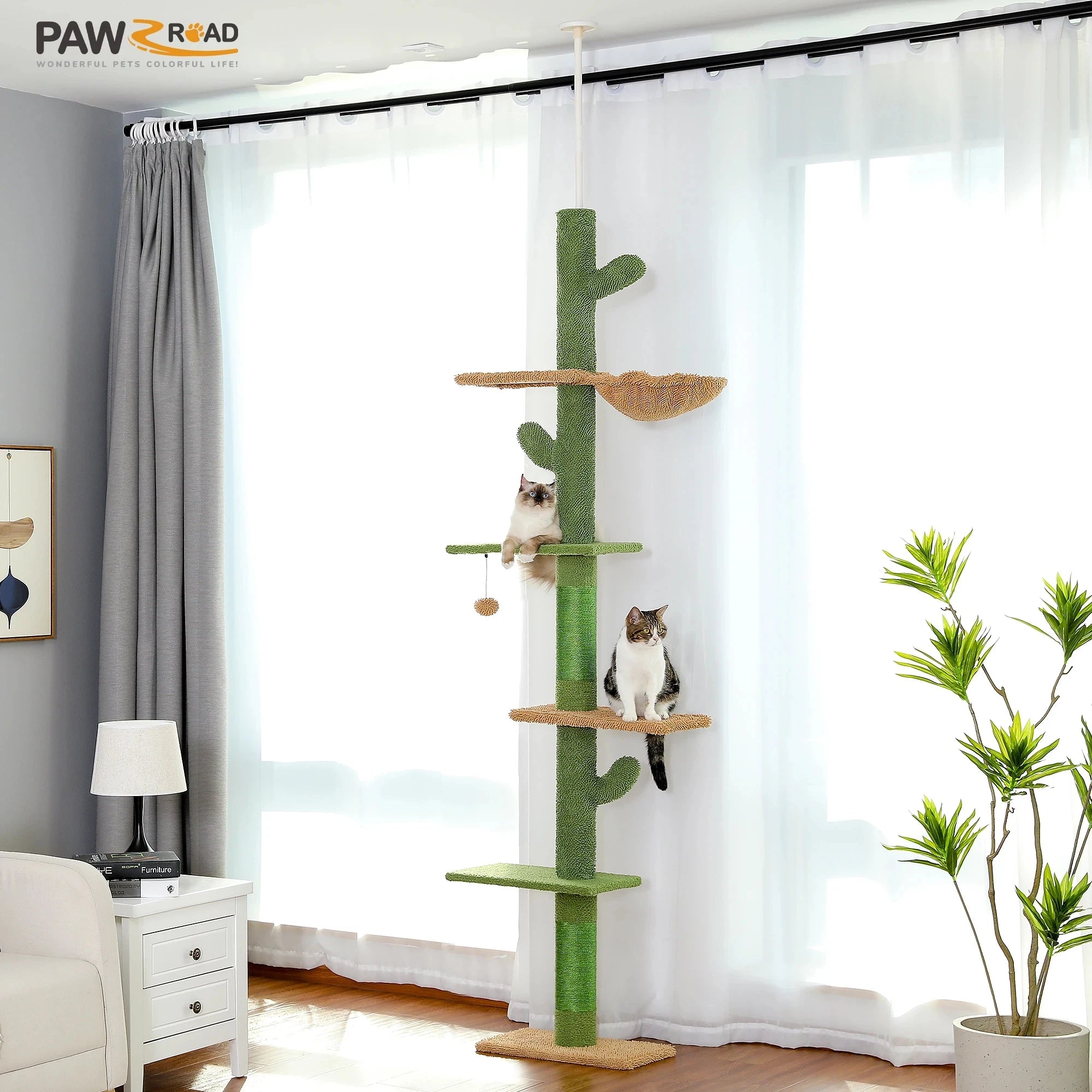 Cat Tree 5-Tier Floor to Ceiling Cat Tower with Scratching Post, Hammock, Dangling Ball for Indoor Cats
