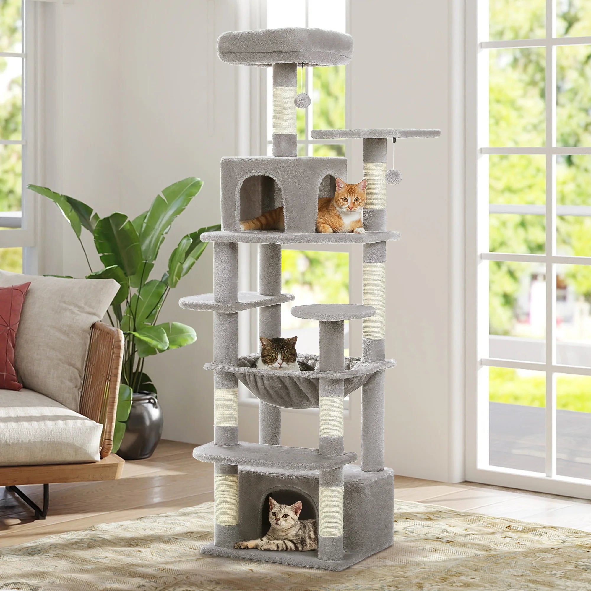 Tall Cat Tree with Scratching Posts, Spacious Hammocks