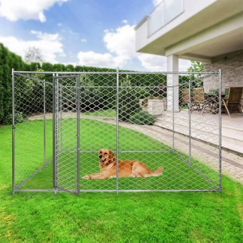 Durable 10x10x6 ft Galvanized Steel Dog Kennel with Dual Setups and Locking Door, Silver