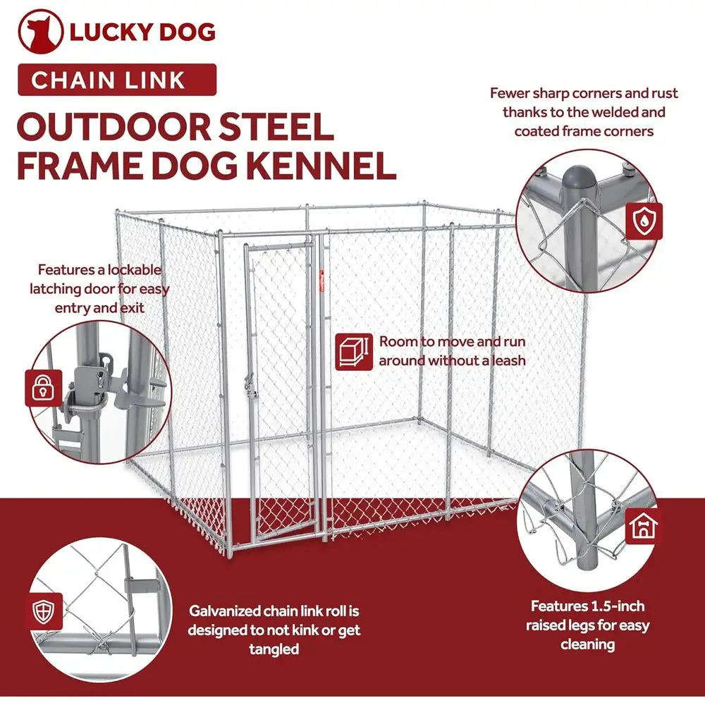 Durable 10x10x6 ft Galvanized Steel Dog Kennel with Dual Setups and Locking Door, Silver