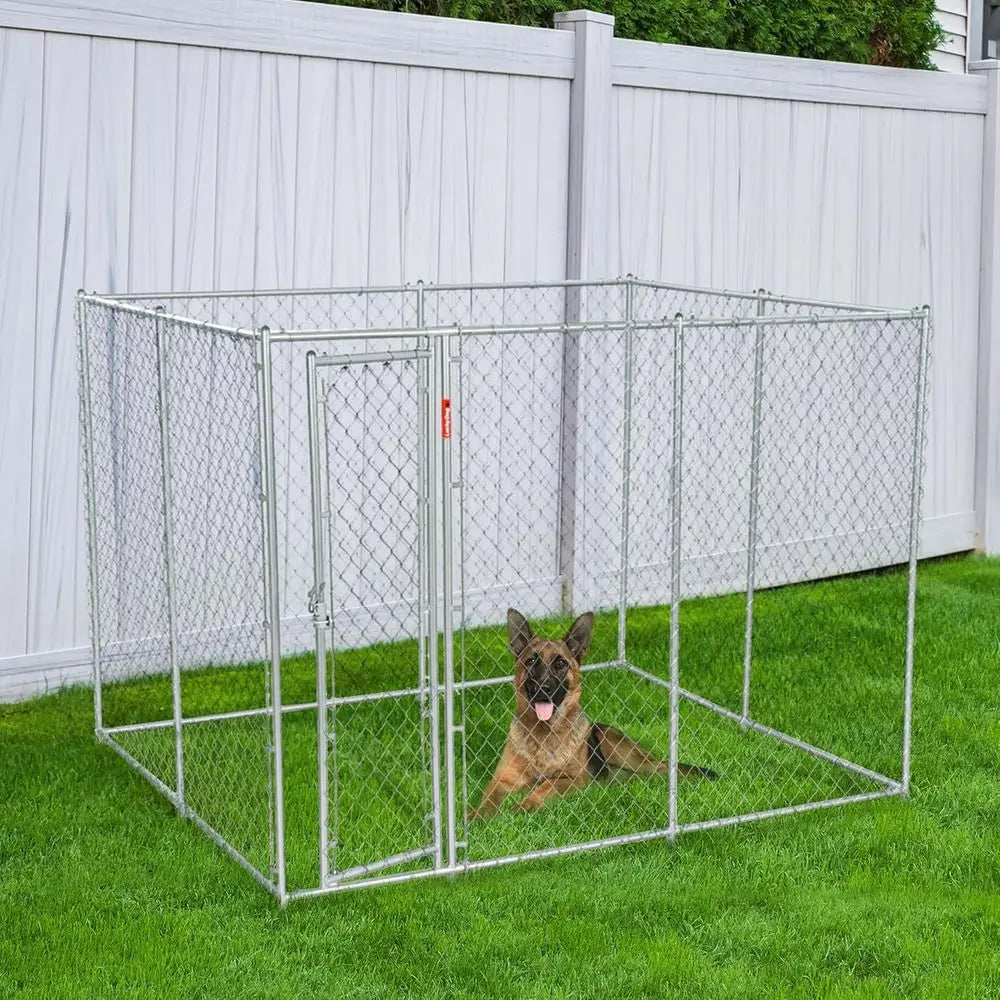 Durable 10x10x6 ft Galvanized Steel Dog Kennel with Dual Setups and Locking Door, Silver
