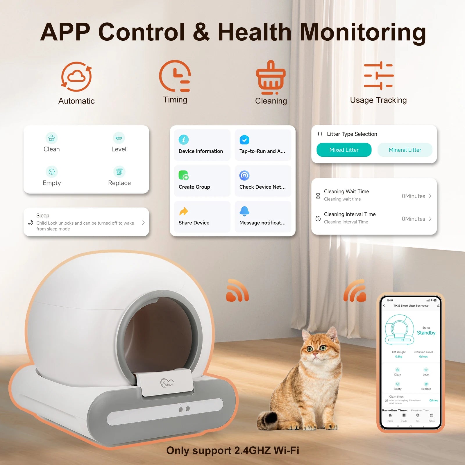 DOEL 65L Self-Cleaning Cat Litter Box, Supports 2.4G WiFi, Fit for Tofu & Mixed Litter