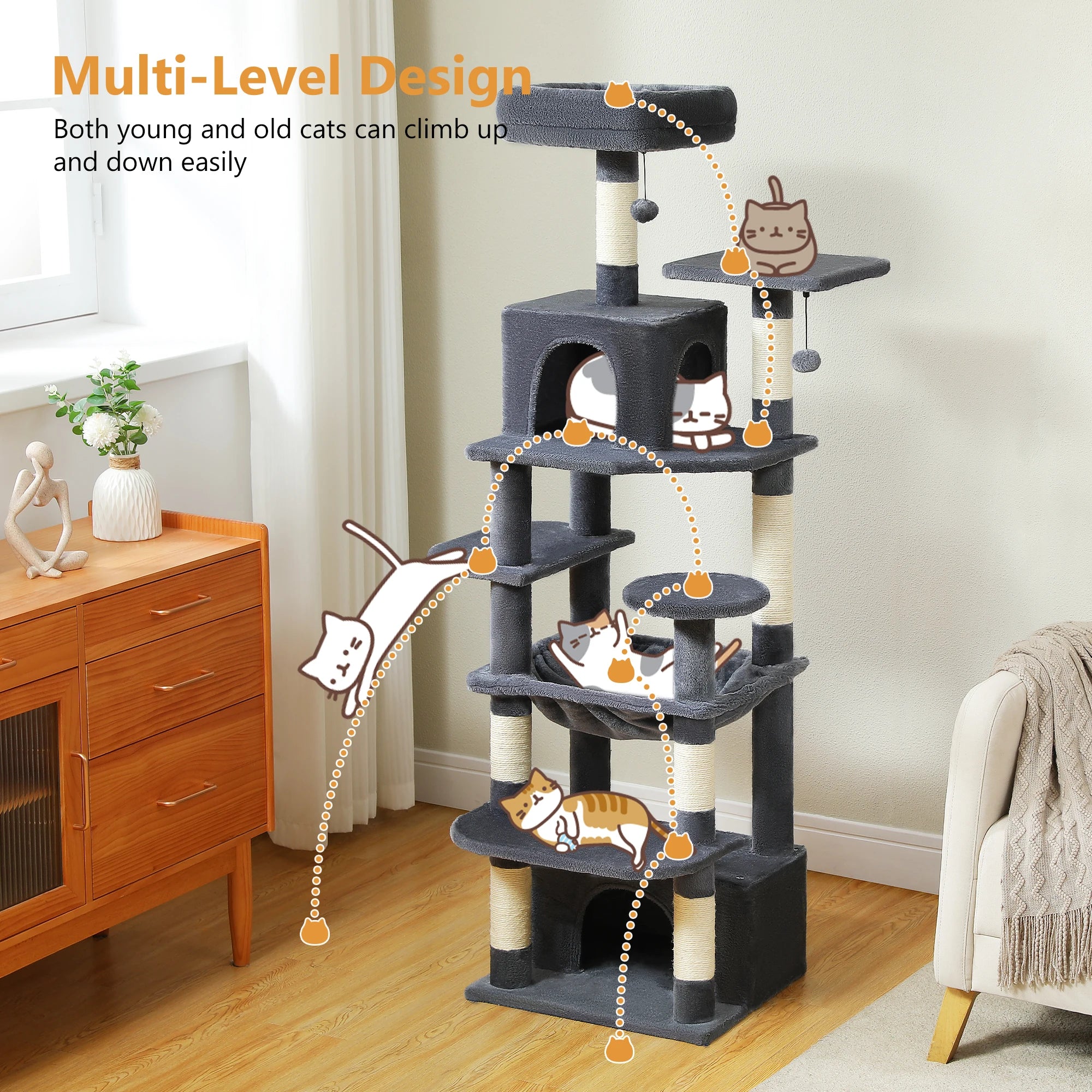 Tall Cat Tree with Scratching Posts, Spacious Hammocks