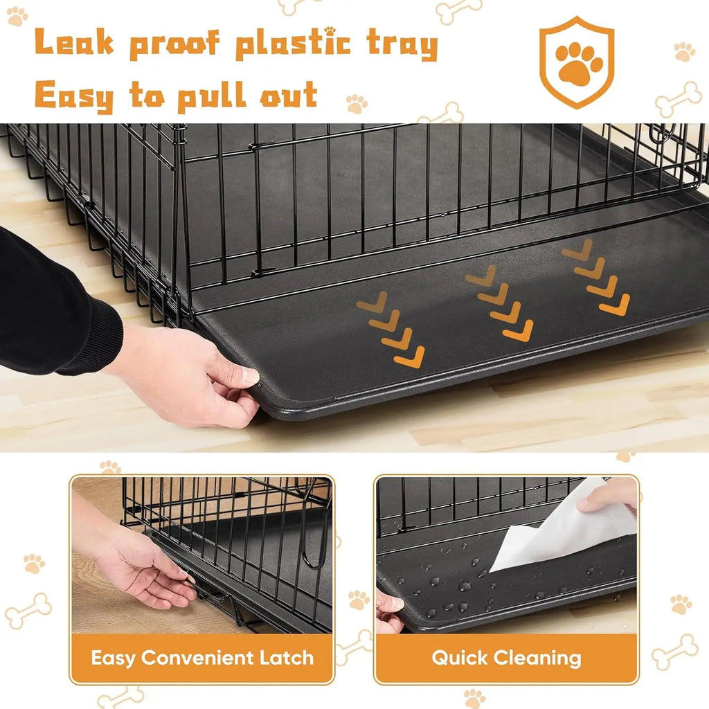 36 Inch Medium Double Door Dog Cage with Leak-Proof Tray, Folding Metal Wire Pet Kennel