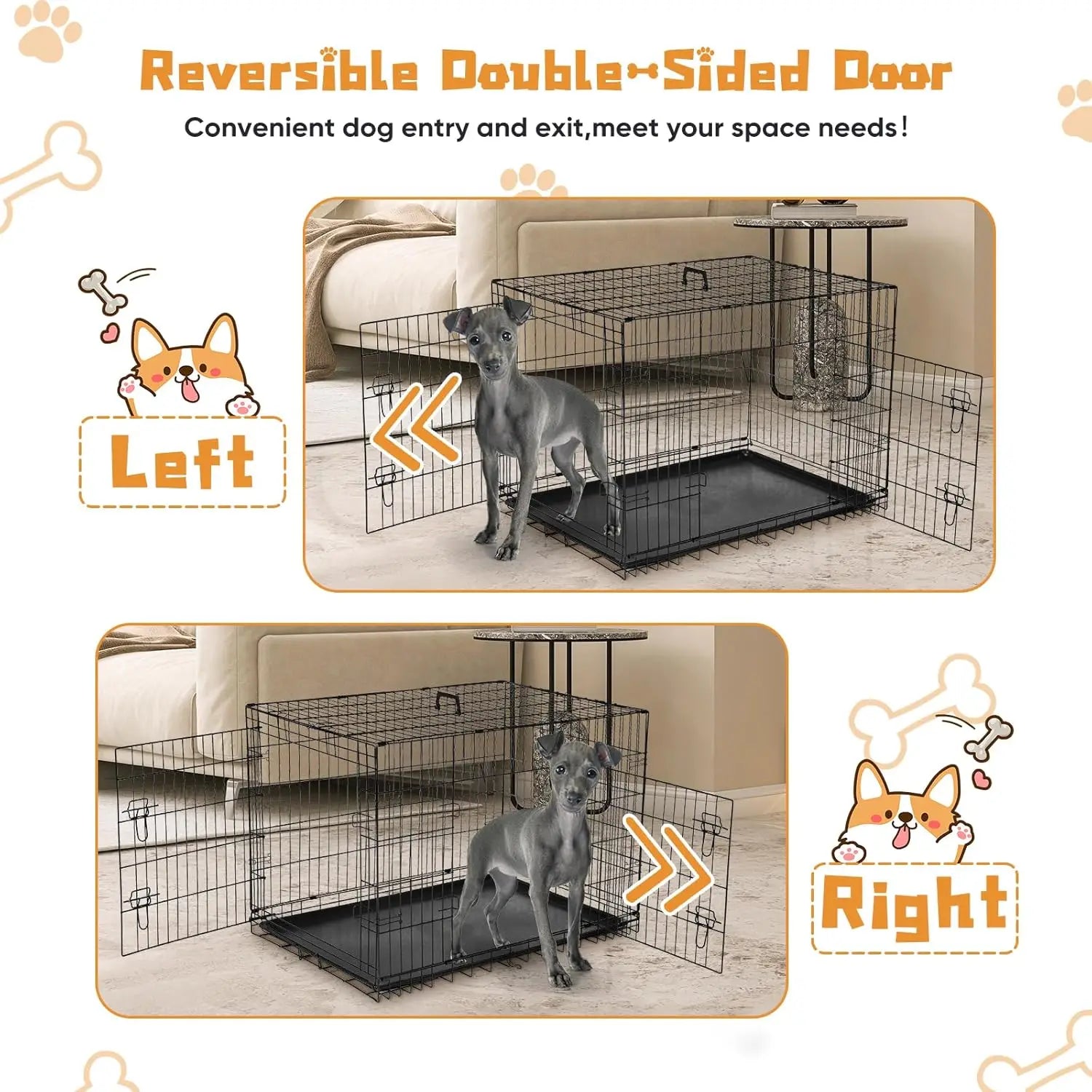 36 Inch Medium Double Door Dog Cage with Leak-Proof Tray, Folding Metal Wire Pet Kennel