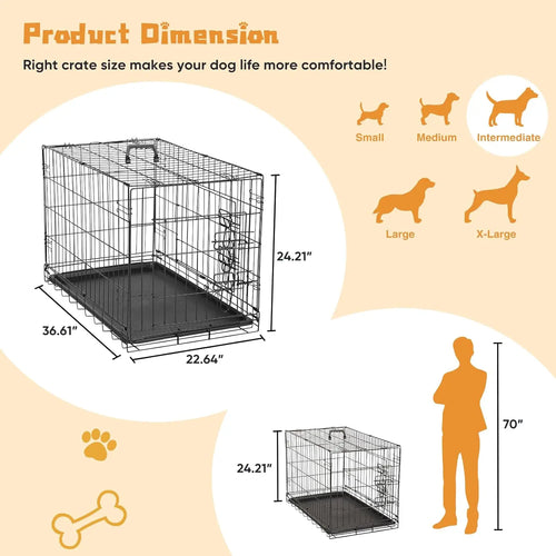 36 Inch Medium Double Door Dog Cage with Leak-Proof Tray, Folding Metal Wire Pet Kennel