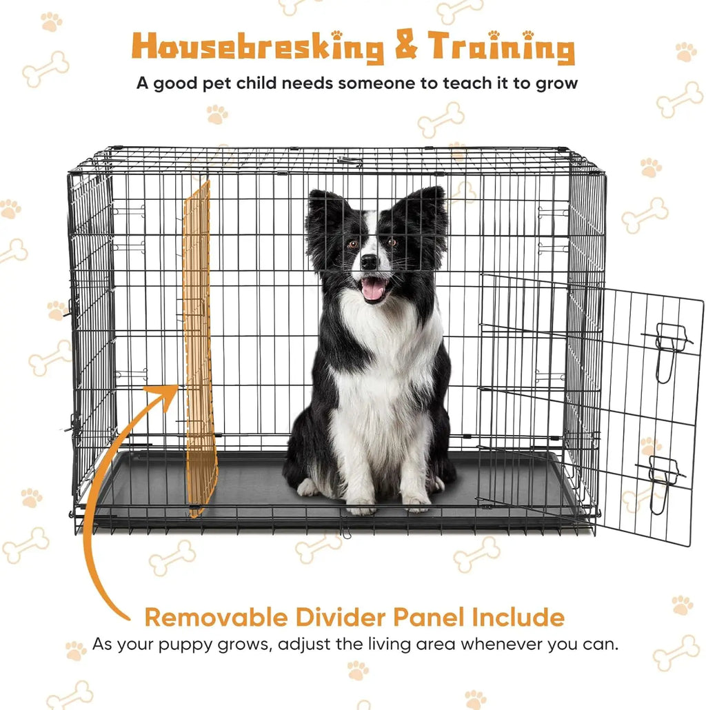 36 Inch Medium Double Door Dog Cage with Leak-Proof Tray, Folding Metal Wire Pet Kennel